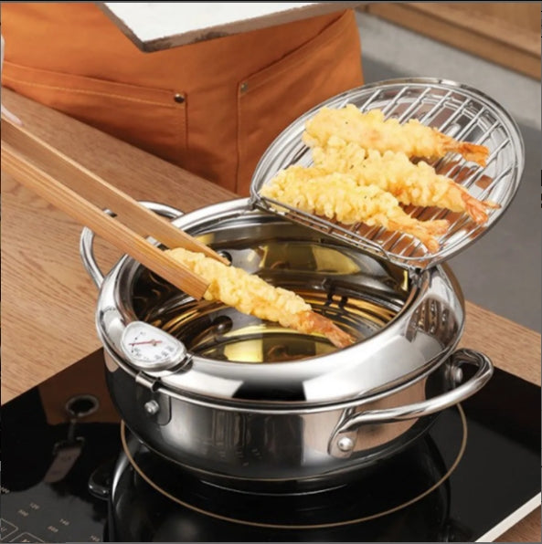 304 Japanese tempura stainless steel frying pan household temperature controllable multi-functional fuel-saving thickened cover with filter