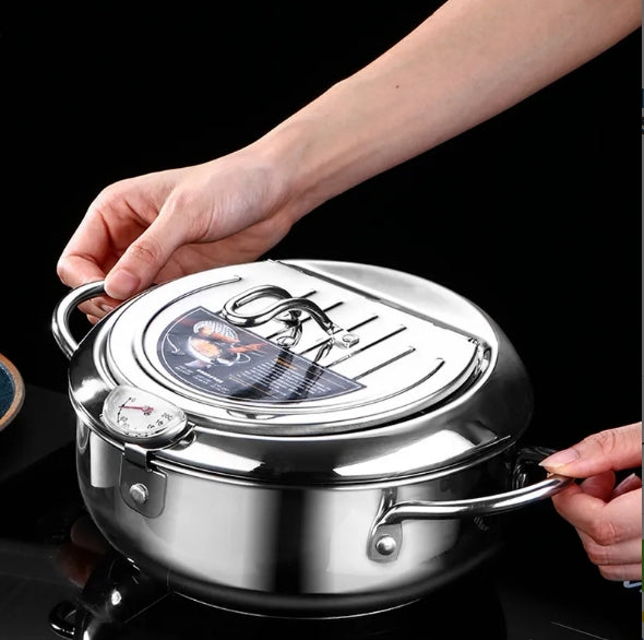 304 Japanese tempura stainless steel frying pan household temperature controllable multi-functional fuel-saving thickened cover with filter